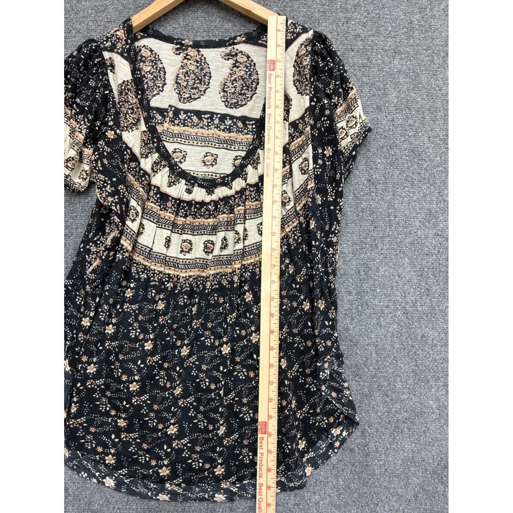 Free People Boho Paisley Floral Mixed Print Scoop Neck Low Puff Sleeve Knit Top